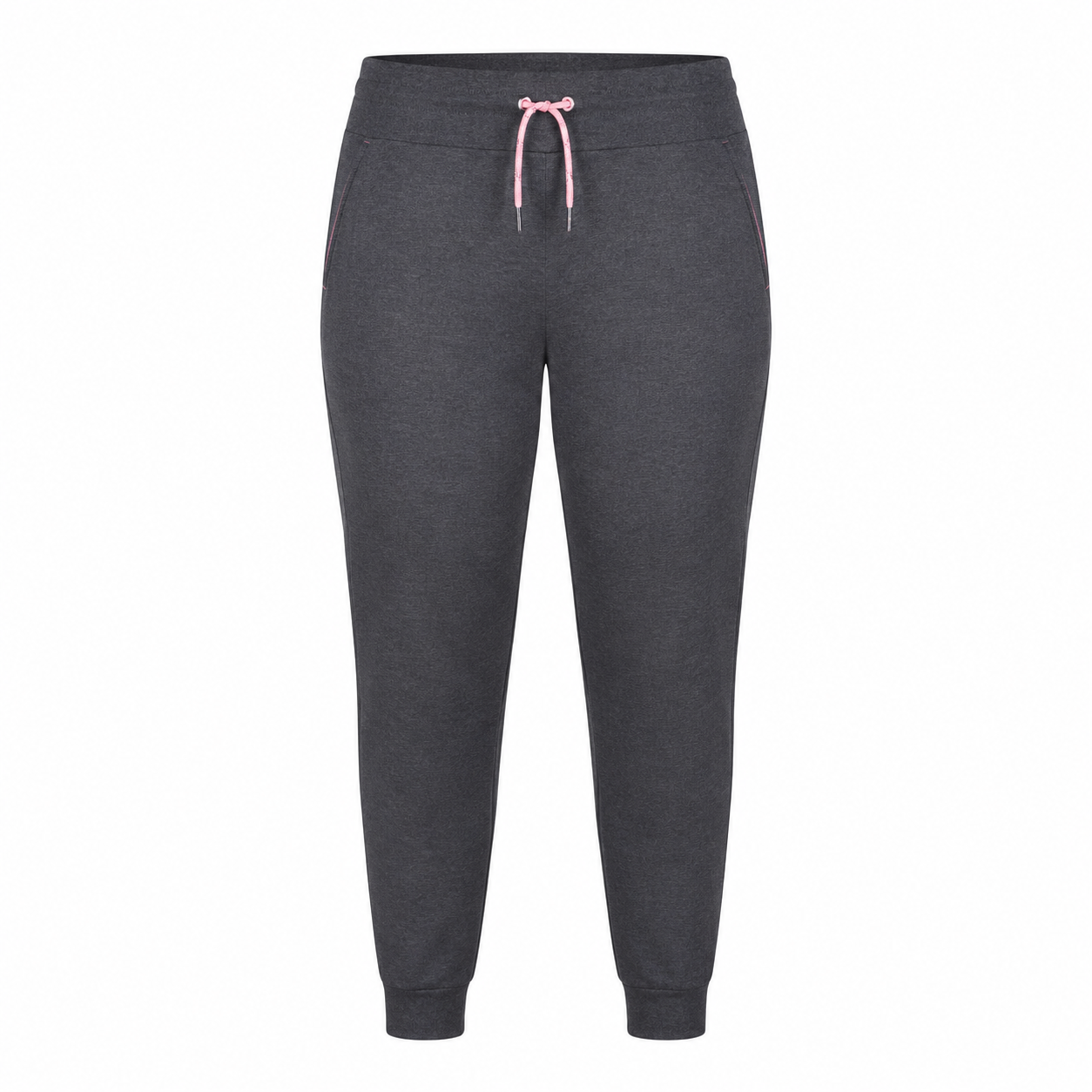 Calça jogger fitness plus size cinza com detalhe rosado sobre fundo branco