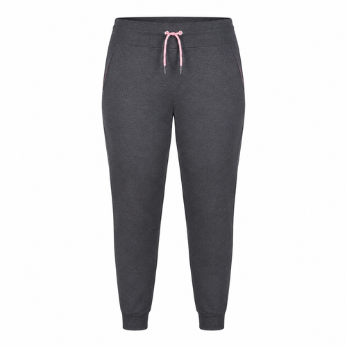 Calça jogger fitness plus size cinza com detalhe rosado sobre fundo branco