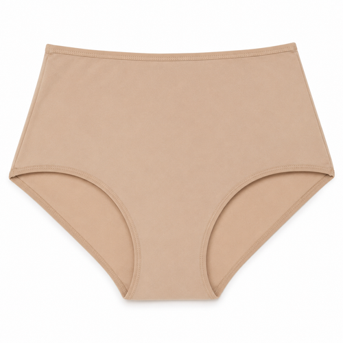Calcinha feminina nude de cintura alta sobre fundo branco