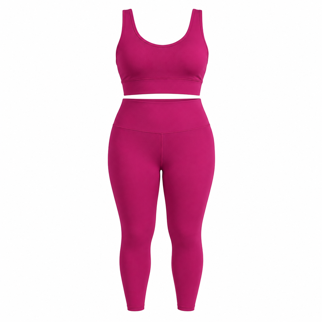 Conjunto fitness plus size magenta com top e legging sobre fundo branco