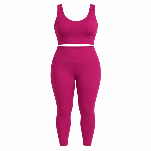 Conjunto fitness plus size magenta com top e legging sobre fundo branco